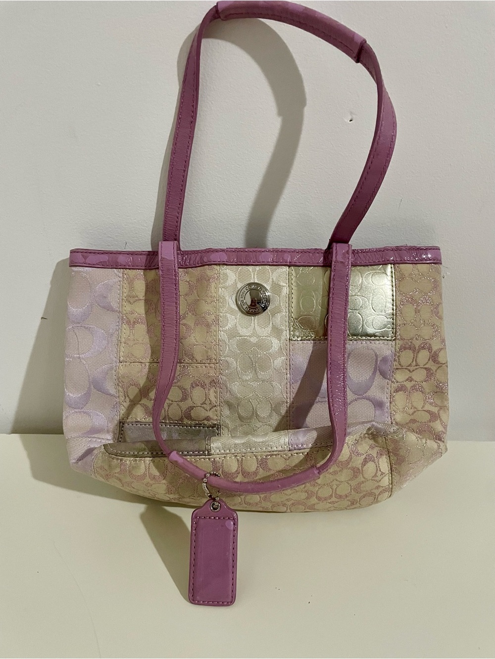 Coach Patchwork Signature Tote in Lilac and Metallic Champagne